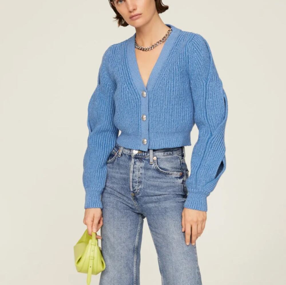 Derek Lam Blue Cropped Cardigan SMALL Cotton Sweater Twisted Sleeve Chunky $450